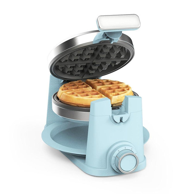Martha Stewart Rotating Waffle Maker, 180° Flip Iron with PFAS-Free Nonstick Plates, Adjustable Timer, Ready Light, Drip Tray, Space Saving, Classic Round 7”, Easy to Clean, Stainless Steel, Sky Blue