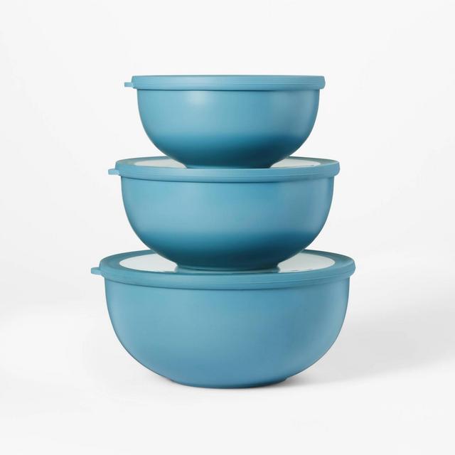 Set of 3 Plastic Mixing Bowl Set with Lids Blue - Figmint™