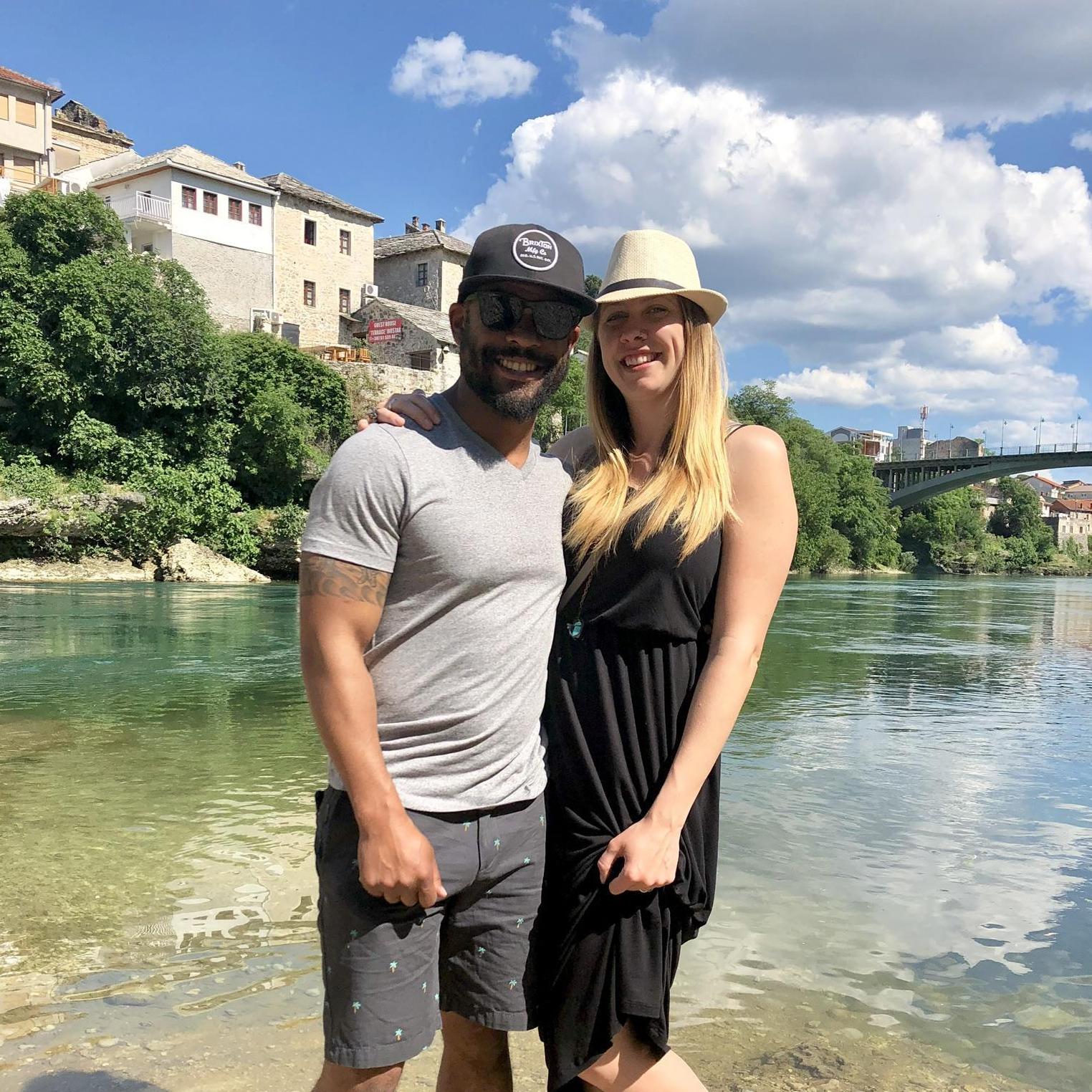 Under the Stari Most or "Old Bridge" in the city of Mostar in Bosnia & Herzegovina. The bridge is a 16th-century Ottoman bridge that crosses the river Neretva & connects the two parts of the city.