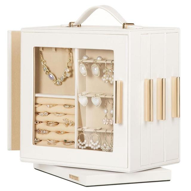 Homde Jewelry Box 360° Rotating, Necklace Earring Organizer with Transparent Window, Mirror, 7 Drawers, Large Ring Display Storage Case for Girls Women (White)