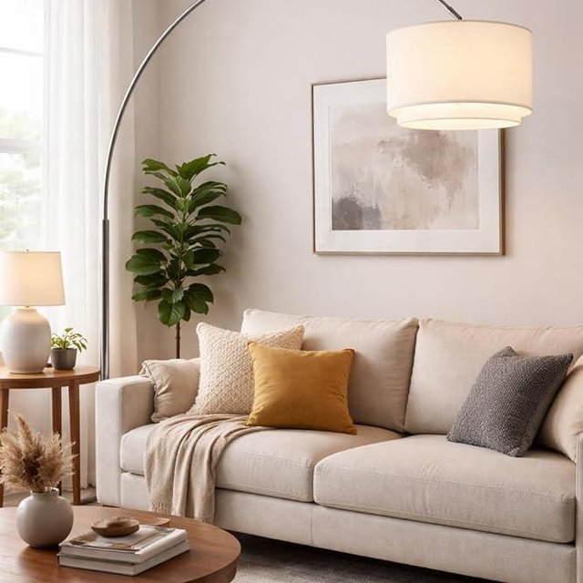 Major-Q Modern 81" Tall Standing Arc Floor Lamps for Living Room - Corner Light Arching Lamp with White Double Shade and Marble Base for Bedrooms