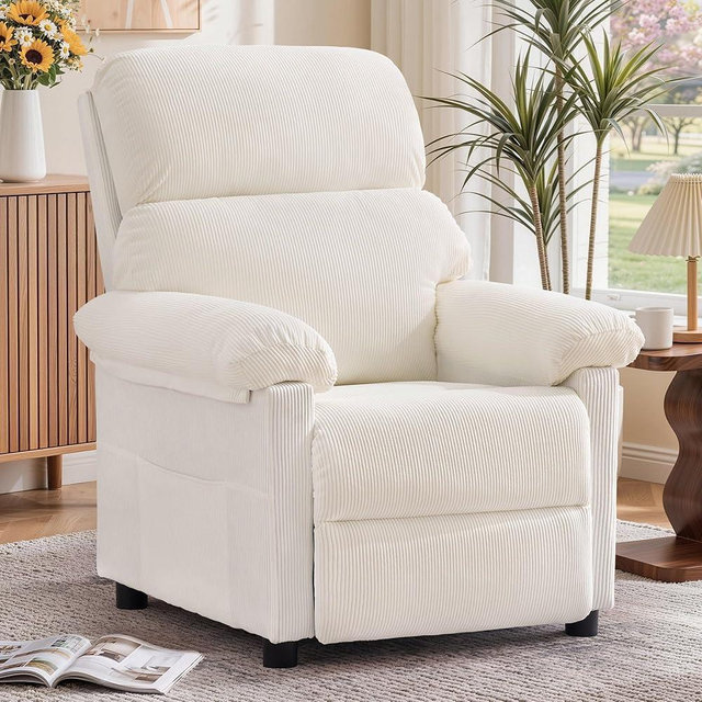Korser Recliner Chair, Living Room Recliner Chairs for Adults, Small Recliners for Small Spaces, Upholstered Manual Reading Chair with Side Pockets, Nursery Chair for Living Room, Corduroy, Beige