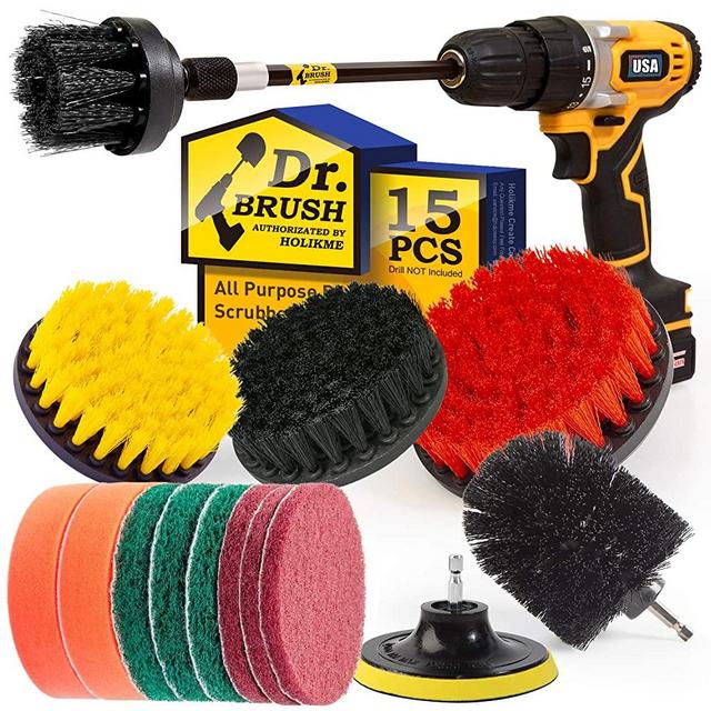 Holikme 15Piece Drill Brush Attachments Set,Black Scrub Pads & Sponge, Power Scrubber Brush with Extend Long Attachment All Purpose Clean for Grout, Tiles, Sinks, Bathtub, Bathroom, Kitchen & Automo