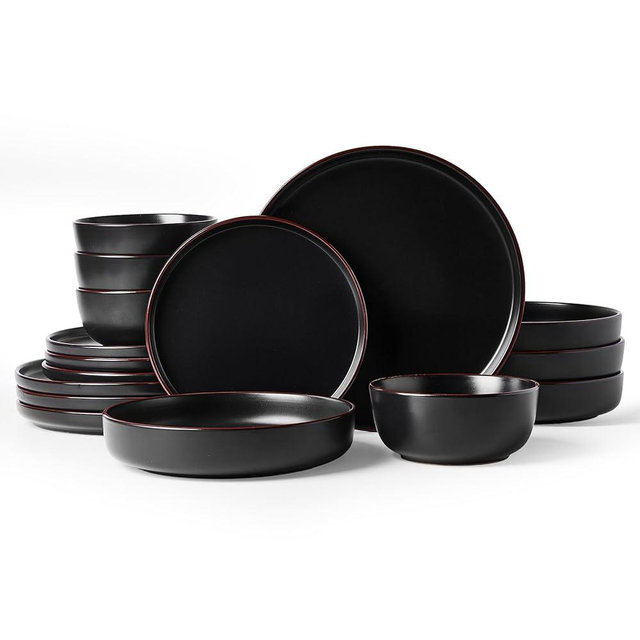 Famiware Mercury Dinnerware Sets with Pasta Bowls, Service for 4 (16 Pieces), Plates and Bowls Sets, Microwave and Dishwasher Safe Dishes Set, Matte Black