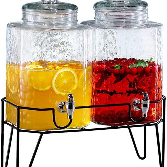 Style Setter 210266-GB 1.5 Gallon Each Glass Beverage Drink Dispensers with Metal Stand (Set of 2), 8.2 x 16.8, Clear