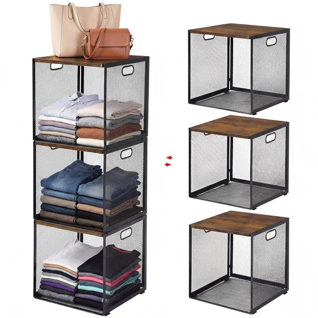 AceOrbit 3 Pcs Widened Stackable Closet Organizers and Storage with Wood Top Foldable Metal Cube Closet Shelf DIY Space Saving Linen Clothes Shoes Bed Sheet Bin for Wardrobe Bedroom Living Room Pantry