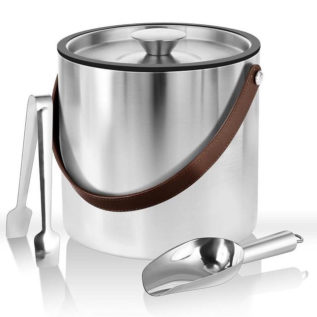 3L Large Ice Bucket with Lid, Scoop, Ice Tong, Strainer & Leather Handle Keep Ice Frozen Longer Large Wine Ice Buckets for Parties,Cocktail Bar, Chilling Beer Champagne, Dark Brown Handle 3L