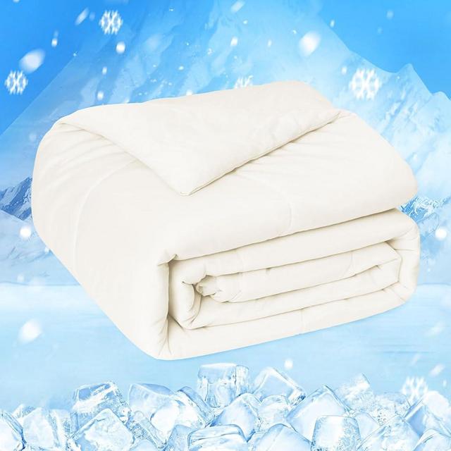 HOMFINE Cooling Comforter Japanese Double-Sided Cold Tech Fabric Cooling Blanket for Night Sweats Hot Sleepers, Q-Max 0.45 Soft Breathable Silk Smooth Lightweight Beige Summer Comforter Queen