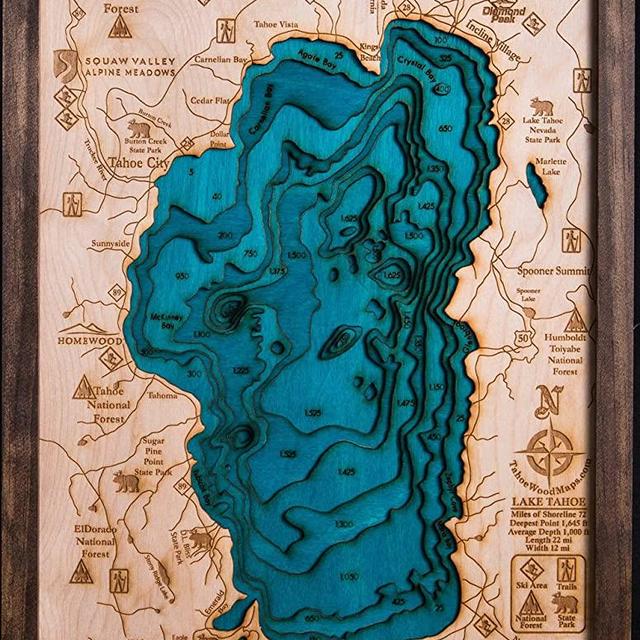 Beautifully Detailed! Blue Lake Tahoe 3-D Wood Map. 13W x 17L
