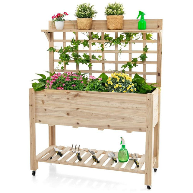 S AFSTAR Raised Garden Bed with Trellis, 41.5x16x54in Mobile Elevated Planter Box with Wheels, Bed Liner, Top/Bottom Storage Shelves, Freestanding Wood Planter Stand for Garden Patio Balcony