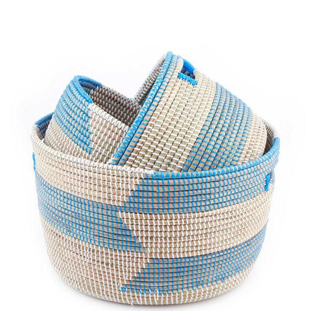 Fair Trade Stacked Knitting Basket Set - Blue Herringbone
