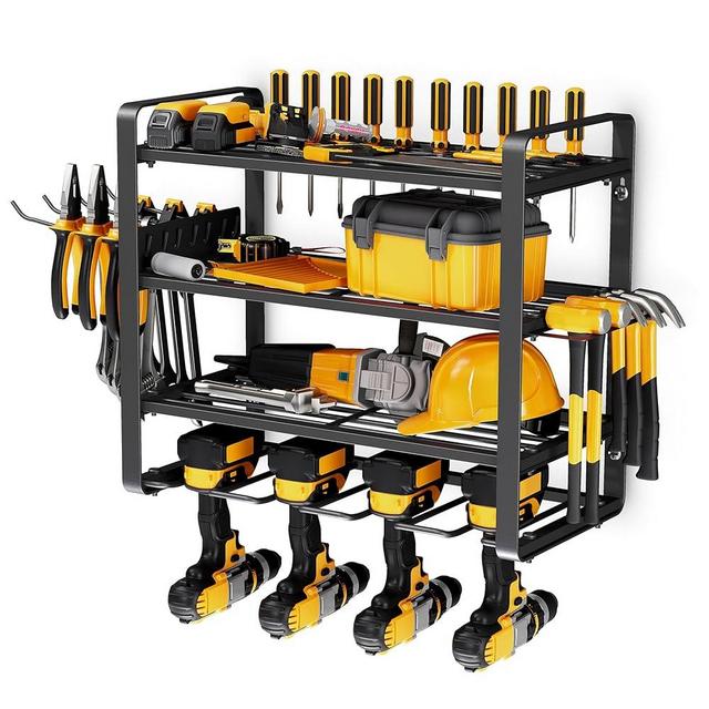 Zhirxo Power Tool Organizer Wall Mount - 16”W x 14”H x 7”D - 4 Layers Matte Black Metal Tool Shelf with 4 Slot Drill Storage Rack, 200lbs Load Capacity to Organize Garage and Workshop Tools