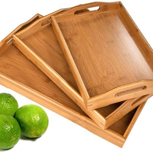 3 Pack Serving Tray,Large Bamboo Serving Tray with Handles Wood Serving Tray Set for Coffee,Food,Breakfast,Dinner