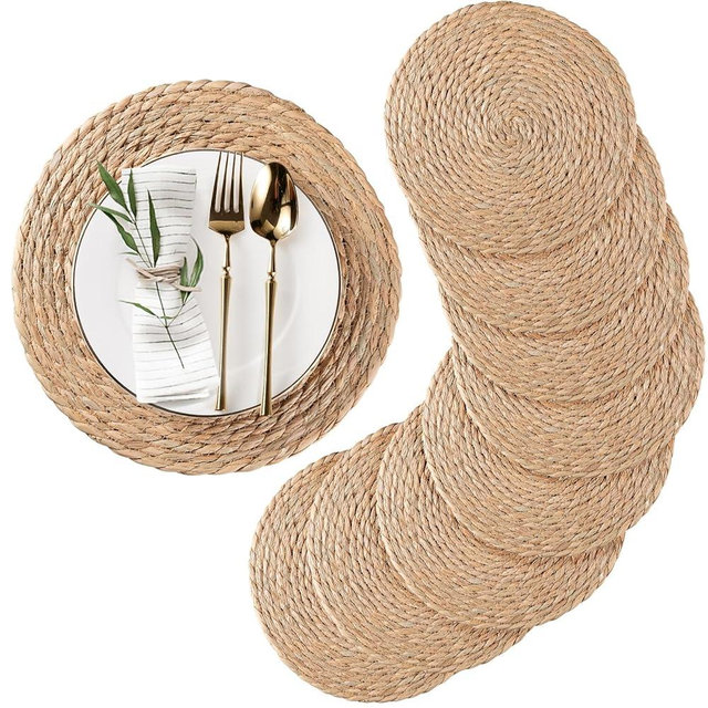 RUNTIVAN Round Woven Placemats Set of 4, Natural Water Hyacinth Place mats, 12 inch Rattan Placemats Wicker Placemats Farmhouse Boho Braided Heat Resistant Outdoor Placemat Patio Table Place Mats