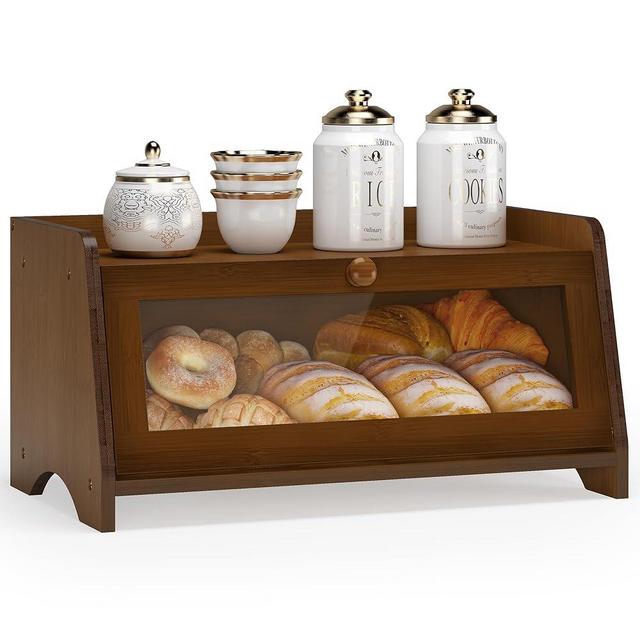 JANSNIMEN Vintage Bread Box for Kitchen Countertop, Large Bread Container Storage, Wooden Farmhouse Bread Box with Window Bread Holder (Brown)