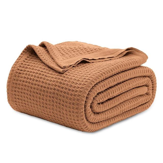 Bedsure 100% Cotton Blankets Queen Size for Bed - Waffle Weave Blankets for Summer, Lightweight and Breathable Soft Woven Blankets for Spring, Burnt Orange, 90x90 Inches
