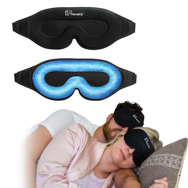 TheraICE Sleep Mask + Cooling Gel Relief - Sleep Eye Mask Blackout Blindfold Cold - 3D Contoured Relaxing No Pressure Eye Cover to Block Light for Comfortable Soothing Night Sleeping/Men & Women