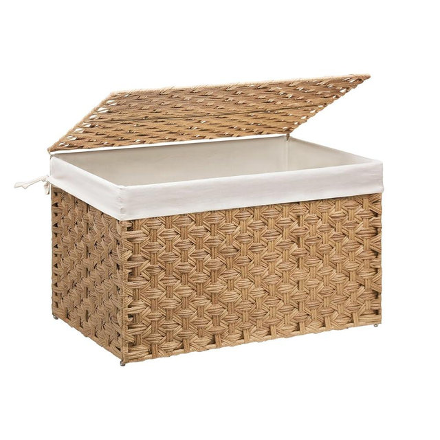 MOORLITER Wicker Storage Basket with Lid, 27.7 Gallon (105L) Large Blanket Basket with Lid, Woven Storage Bin with Handles, Removable Liner, Metal Frame, Foldable, for Bedroom, Laundry Room, Natural