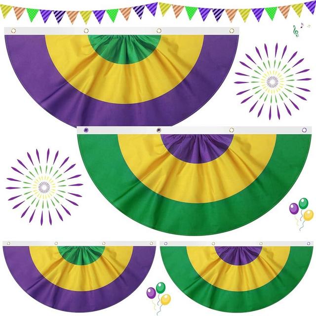 Irenare 4 Pcs Mardi Gras Burlap Bunting Flag New Orleans Mardi Gras Bunting Pleated Fan Flag Banner with Brass Grommets for Masquerade Carnival Party Supplies Decorations Outdoor