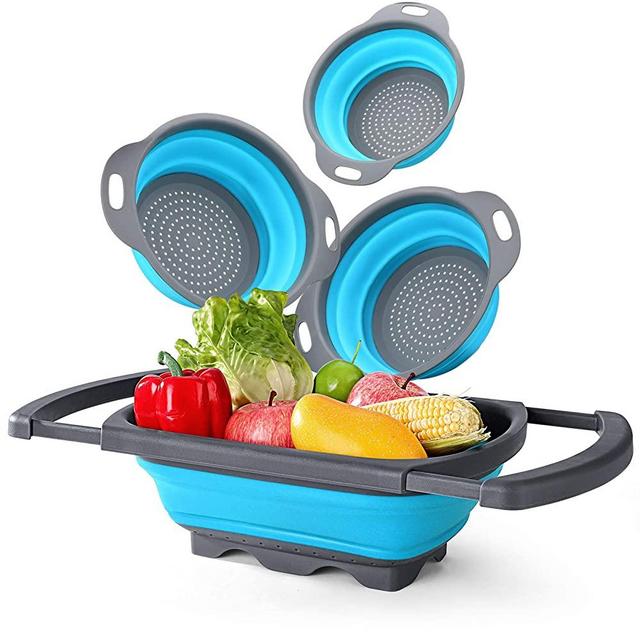 Syntrific Silicone Collapsible Colander Set of 4-Includes 1pc 6 Quart Over the Sink Strainer, 2pc 4 Quart and 1pc 2 Quart Round Folding Strainers.Dishwasher-Safe，BPA Free