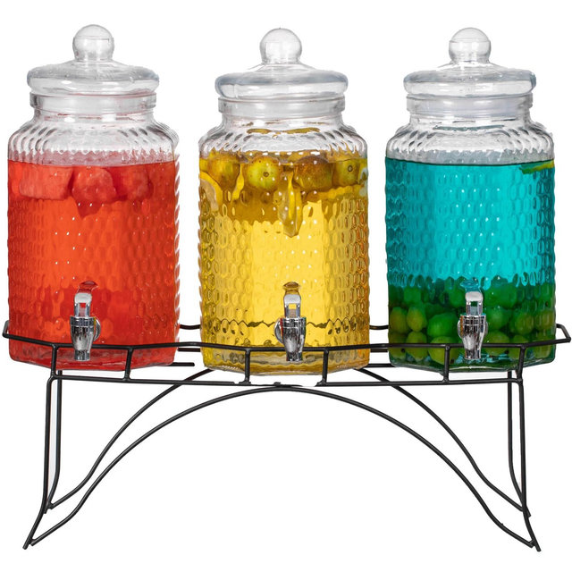 Basicwise 3-Piece Glass Drink Dispenser Set with Metal Stand and Stainless Steel Spigot - Beverage Dispensers for Lemonade, Juice, Water, and Punch