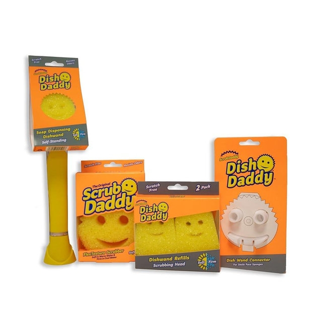 Scrub Daddy Dish Daddy Wand, Refill Heads, Sponge & Connector Head, Soap Dispensing Dish Brush, Texture Changing Washing Up Sponge with Liquid Handle, Built-in Scraper & Scrubbing Head - Yellow