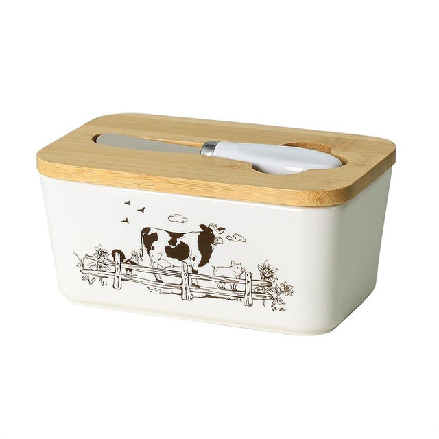 WAIT FLY Cow Ceramic Butter Dish with Bamboo Lid and Knife, 2 Sticks Butter Dish Butter Container Keeper for Kitchen Countertop, Home Decorative-Cow