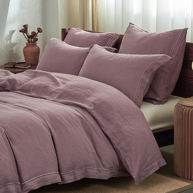 Simple&Opulence 100% Washed Linen Duvet Cover with Embroidered, Queen Size(88"x 92"), 3 Pieces Soft Farmhouse Comforter Set with Button Closure,1 Duvet Cover and 2 Pillowshams(Queen,Purple)
