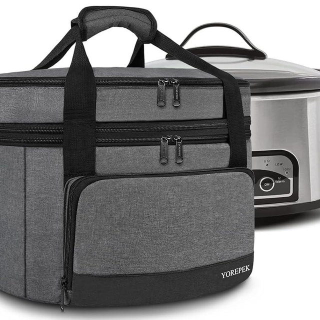 YOREPEK 2 Layer Slow Cooker Carrier, Compatible with 6, 7, 8 Quart Crock-Pot, Insulated Large Slow Cooker Travel Bag with Bottom Pad Lid Fasten Straps, for Family Gathering Potluck, Gift for Women