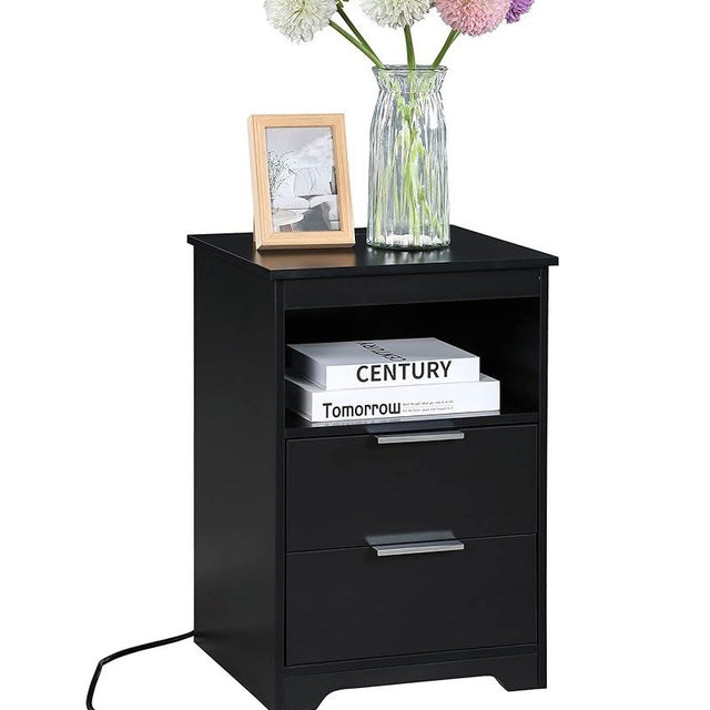 Kavonty Nightstand with Charging Station,End Table with 2 Drawers,Wooden End Table with Drawer and Opening Shelf,Side Table for Bedroom, Black