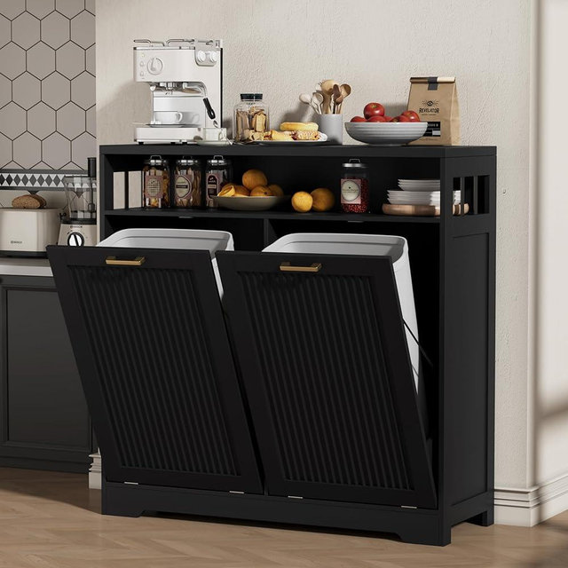 METOTI 2 x 13 Gallons Double Tilt Out Trash Can Cabinet, Hidden Fluted Garbage Can Cabinet with Open Storage Shelf, Wooden Trash Can Holder for Kitchen, Living Room, Bathroom, Laundry Room, Black