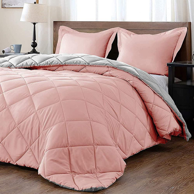 downluxe Lightweight Solid Comforter Set (King) with 2 Pillow Shams - 3-Piece Set - Pink and Grey - Down Alternative Reversible Comforter