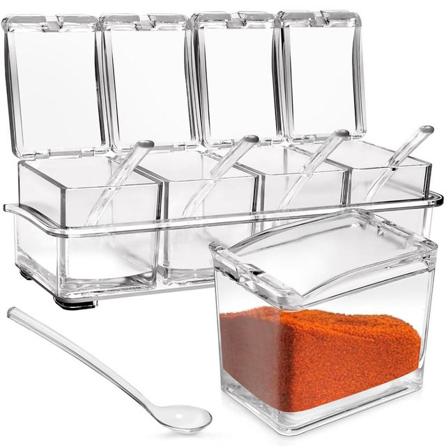 Faxco 4-Cell Clear Seasoning Rack Spice Box, Storage Container Condiment Jars Acrylic Seasoning Box with Cover and Spoon (Enhanced Version Clear)
