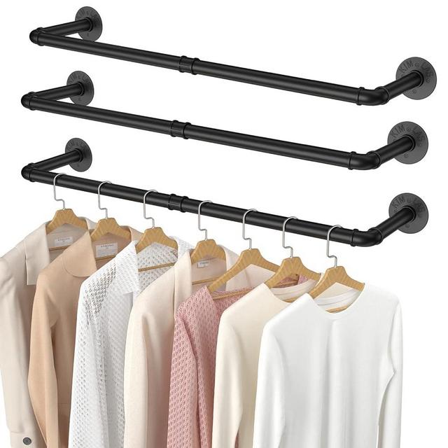 Elibbren 3 Pack Clothing Rack Wall Mount, Industrial Pipe Clothing Rack 38.4IN, Hanging Clothes Rack,Heavy Duty Iron Garment Rack Bar for Closet,Laundry Room, Multi Purpose Hanging Rod,Black