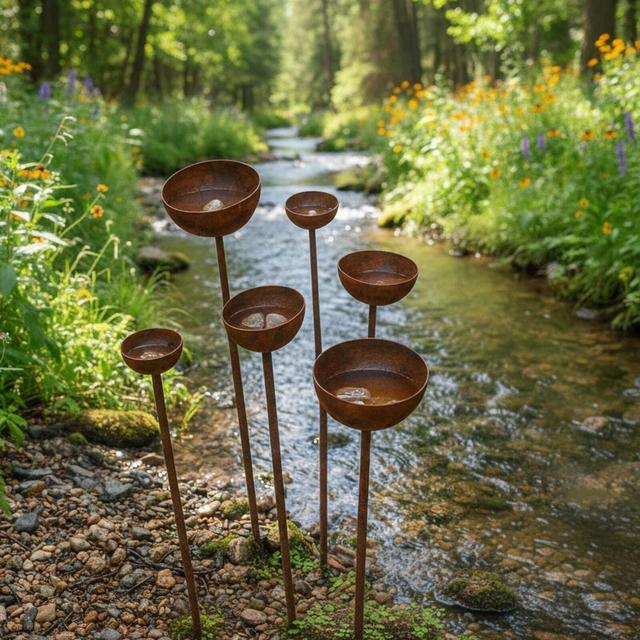 Rustic Bee Bath Cups, Set of 3 Metal Yard Art, Garden Insect Drinker Gift