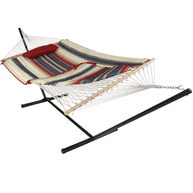 Sunnydaze Cotton Rope Hammock with 12 Foot Portable Steel Stand and Spreader Bar, Indoor or Outdoor Use, Pad and Pillow Included, Modern Lines
