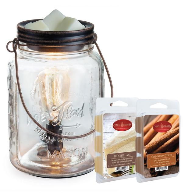 Candle Warmers Etc Clear Mason Jar Fragrance Warmer Gift Set with Frosted Cake & Vanilla Cinnamon wax melts