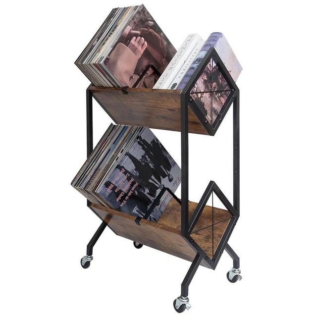 SwaaVee Vinyl Record Storage Holder, 2-Tier with Dividers, Retro Style, Quick Assembly, 160-200 LP Capacity, Brown Wood & Matte Black Iron Frame, 11.14 x 17.72 x 31.3 inches