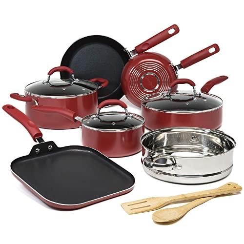 Goodful Premium Non-Stick Cookware Set, Dishwasher Safe Pots and Pans, Diamond Reinforced Coating, Made Without PFOA, 12-Piece, Red