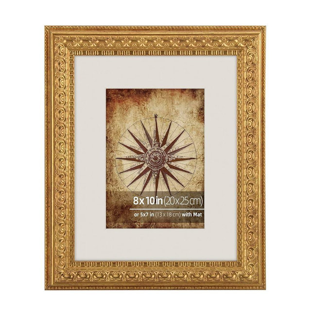WYNCO 8x10 in Antique Gold Ornate Classic Picture Frame, Matted for 5x7 Photos, Real Glass Protection