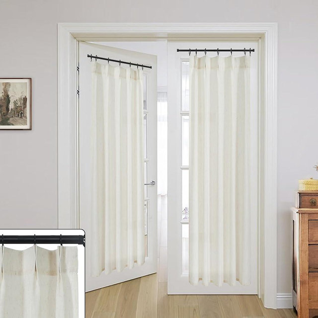 French Door Curtain Panel,Sheer Privacy Patio Door Curtain Linen Boho Farmhouse Sliding Pinch Pleated Curtains for Front Door Glass Window Sidelight,26 x 68 Inch Length