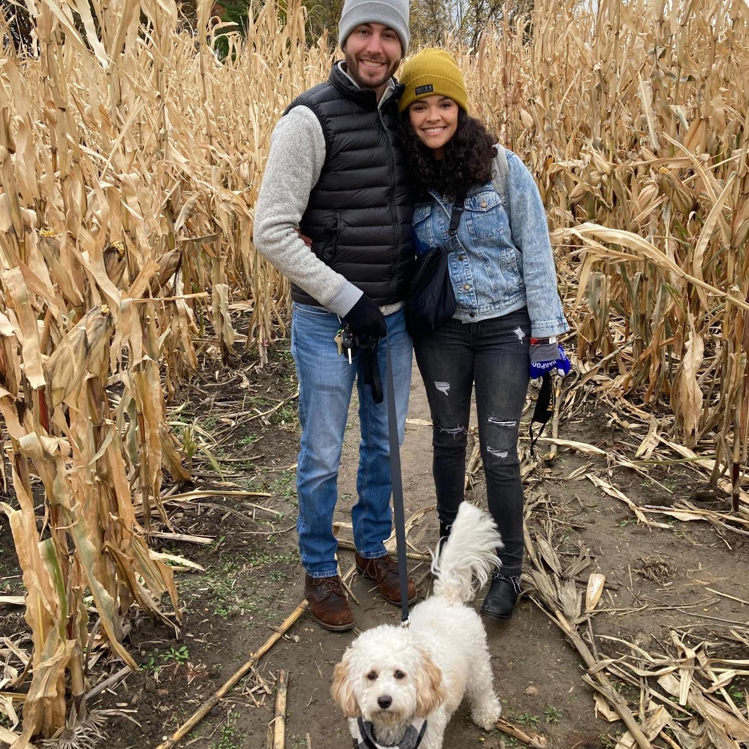 Enjoying the corn maze and fall festivities at Abbey Farms (Aurora, IL) in October 2020. (Finally got a nice photo of our sweet little family)