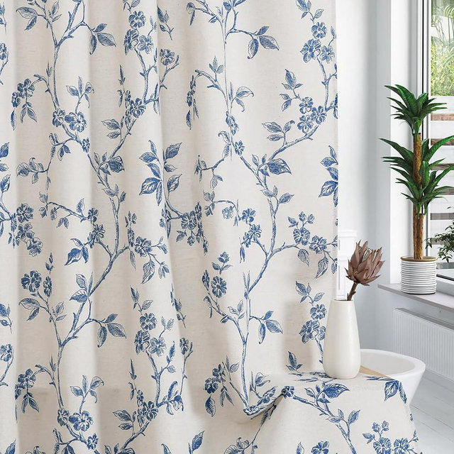 MitoVilla Blue Boho Shower Curtain Set, Cotton Floral Cottagecore Spring Shower Curtains for Bathroom, Modern Farmhouse Country Plant Leaves Bathroom Décor, 72" W x 72" L