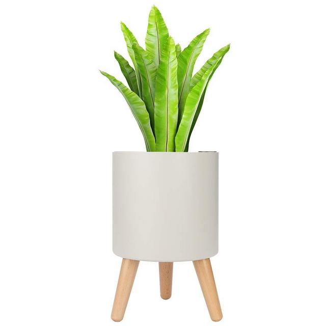 MUDEELA Planter with Self Watering & Drainage System, 7.5 inch Plant Pot with Wood Stand, Indoor Flower Pot with Water Shortage Alarm, Grey
