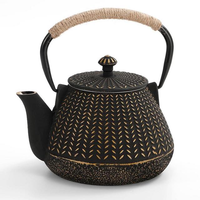 Cast Iron Teapot with Teapot Lid Clip - MIDIMORI Japanese Cast Iron Tea Kettle Stovetop Coated with Enameled Interior, Wheat Pattern Tea Pot with Infusers for Loose Tea (34 Ounce /1000 ml)