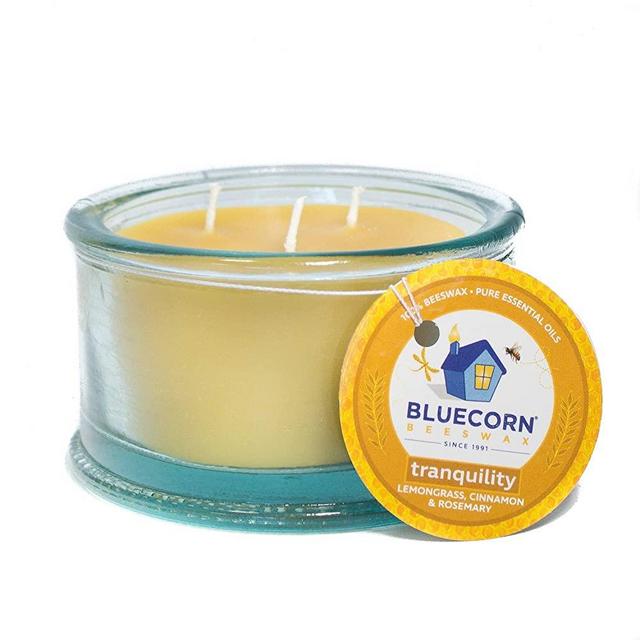 Bluecorn Beeswax 100% Recycled Spanish Glass Aromatherapy Beeswax Candle - 3 Wick - Tranquility