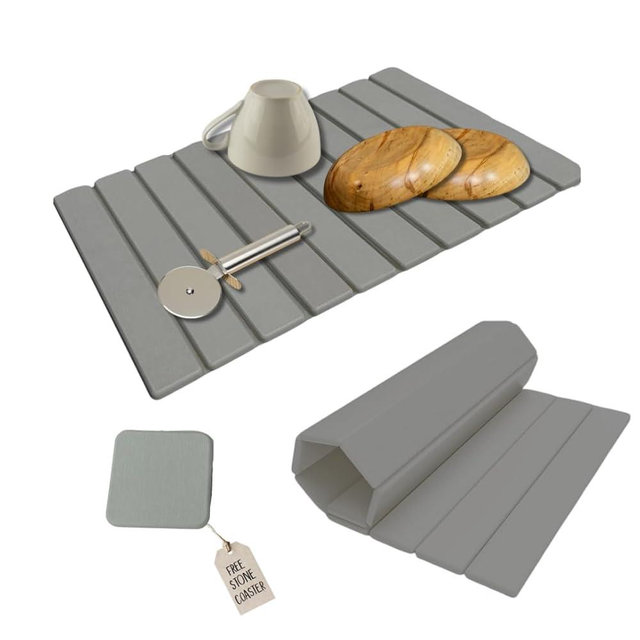 Roll-Up Stone Mat - Premium Diatomaceous Earth Dish Drying Rack, Water Absorbent Roll-Out Dish Drying Mat for Kitchen Countertops, Eco-Friendly, Quick-Dry Surface