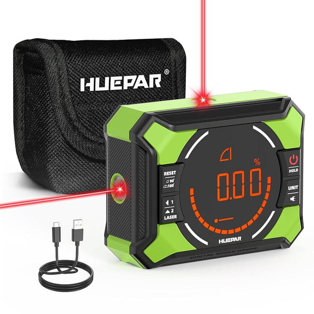 Huepar Digital Angle Gauge with Laser Level, Rechargeable 3-in-1 Digital Angle Finder with Magnetic, Measures 0-90° & 0-180° Range, Digital Electronic Level Accessory for Woodworking Tools
