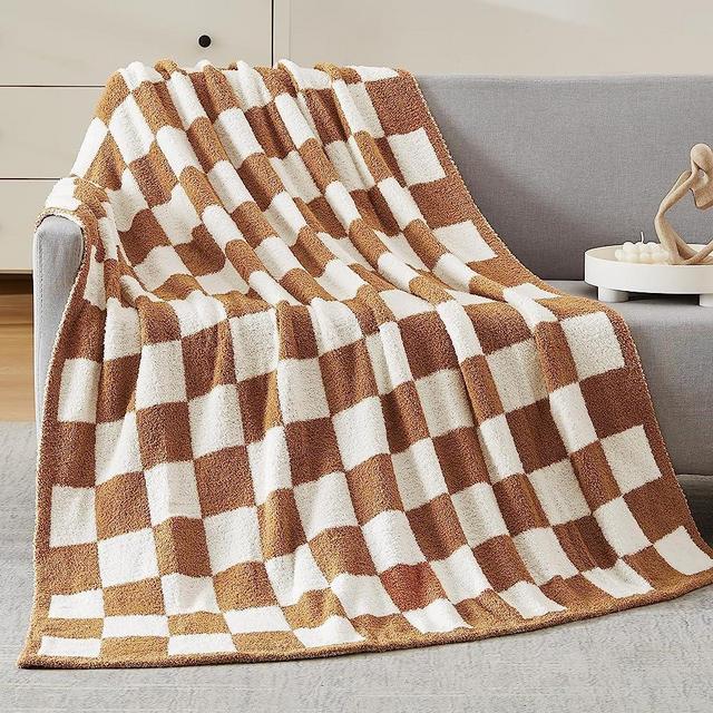 WRENSONGE Checkered Throw Blanket, Burnt Orange Microfiber Soft Cozy Fluffy Warm Hand Made Throw Blankets for Couch, Sofa, Chair, Bed, Camping, Picnic, Travel Lightweight Bed Blanket - 50"*70"