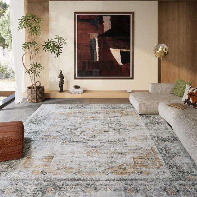 8x10 Area Rugs Washable Rug: Large Living Room Rug Stain Resistant Distressed Vintage Boho Rug Non Slip Low Pile Faux Wool Soft Area Rug for Bedroom Bedside Indoor Kids Playroom Farmhouse Dining Room